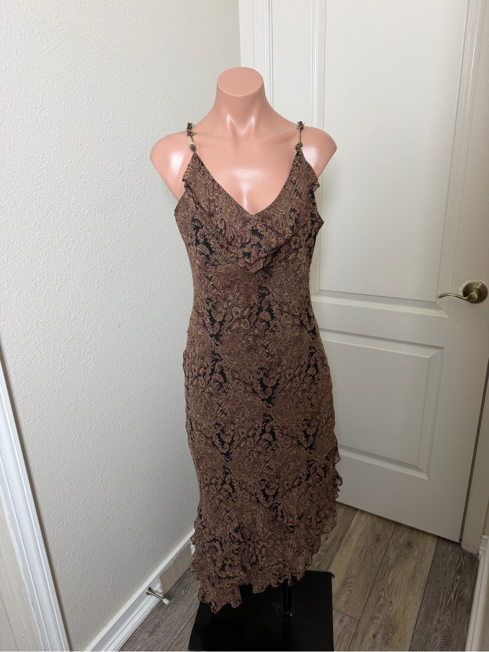 ECI VTG Brown Floral Lace Midi Silk Slip Dress Sz 10